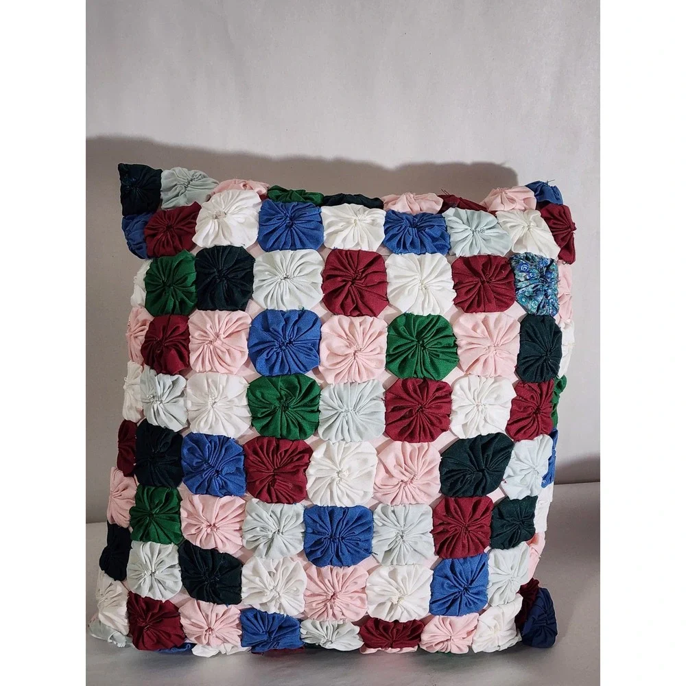 Vintage Handmade Yo-Yo Quilt Pillow Cover Patchwork Multi Color Cottagecore Pink